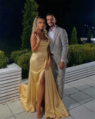 Vista 3 de TIRAS Vestidos de fiesta de sirena de satén 2023 para mujer, sin tirantes, cuello redondo, vestido de fiesta formal de noche con tren de hendidura