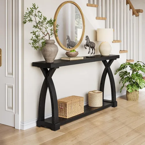 Vista 4 de Mesa consola de madera maciza para entrada, mesa estrecha de 63 pulgadas para sofá con almacenamiento de 2 niveles para entrada, vestíbulo, sala