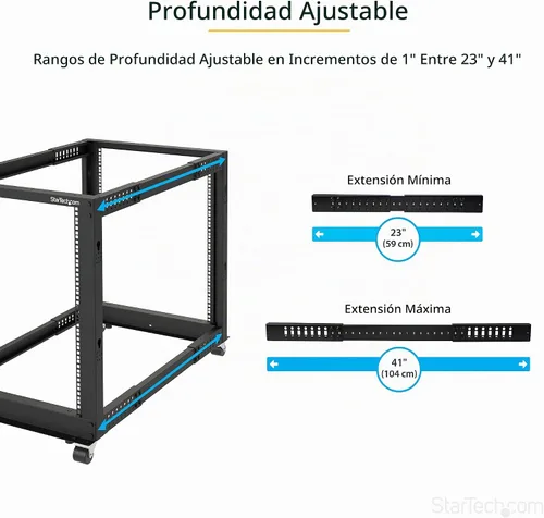 Vista 3 de StarTech Bastidor de servidor de marco abierto de 4 postes 8U móvil, bastidor de red de 19" con ruedas, pequeño bastidor rodante para equipos