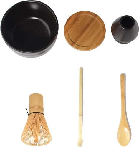 Vista 3 de BambooMN Juego de iniciación de batidor de matcha: cuenco Chawan Matcha, batidor de té, chashaku, cuchara, soporte de matcha y posavasos de bambú