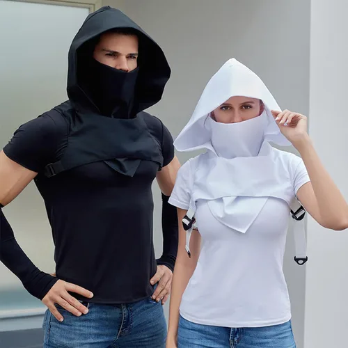 Vista 2 de Bufanda gótica punk con capucha estilo pícaro para invierno, resistente al viento, máscara de cuello con capucha, gorro medieval, disfraz de asesino
