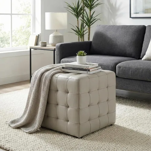 Vista 2 de Cortesi Home Charli - Otomana de cubo copetudo en 100% piel auténtica, gris claro