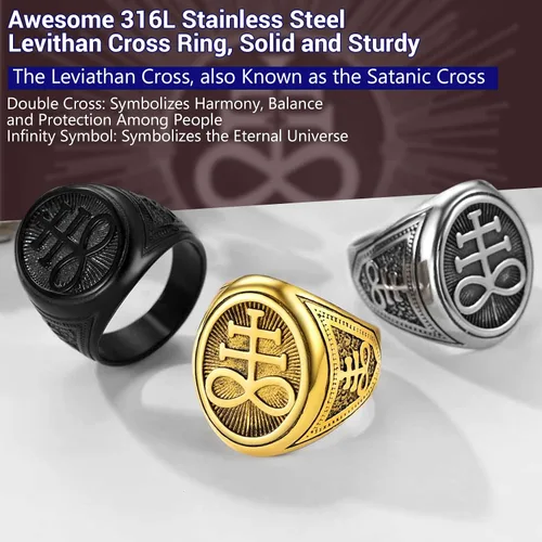 Vista 3 de PROSTEEL Joyería gótica satánica unisex, anillo de cruz de Leviathan, anillo de diablo Lucifer, acero inoxidable 316L, tono plateadonegrodorado