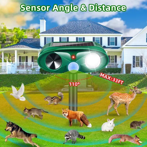 Vista 2 de Repelente solar de animales, ultrasónico, repelente de ciervos para gatos al aire libre con sensor de movimiento, luz estroboscópica, impermeable