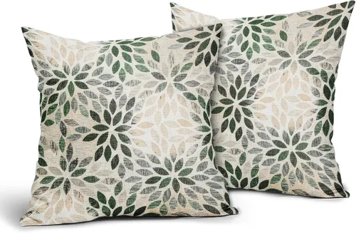 Vista 2 de Juego de 2 fundas de almohada de dalia verde de 18 x 18 pulgadas, fundas de almohada cuadradas decorativas de flores geométricas rústicas, fundas