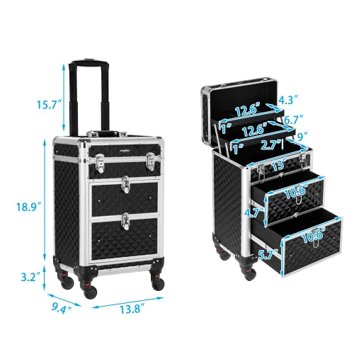 Vista 2 de Mefeir Estuche rodante de maquillaje de aluminio, maletín organizador de maquillaje portátil, caja de almacenamiento de cosméticos, equipaje