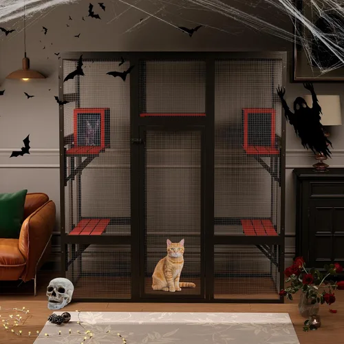 Vista 9 de Nyeekoy Refugio de gato al aire libre de madera grande de 71 pulgadas con perchas y condominios, casa para gatos con techo impermeable, refugio