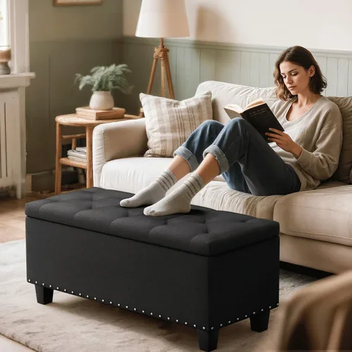 Vista 2 de MoNiBloom Otomana de 42 pulgadas de largo con almacenamiento, taburete de lino negro tapizado de espuma acolchada de tela rectangular con reposapiés