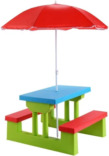 Vista 10 de Costzon Mesa de picnic para niños, mesa y banco para interiores y exteriores con paraguas extraíble, mesa de picnic portátil para niños pequeños