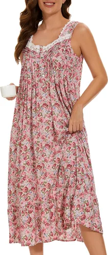 Vista 8 de AVIIER Camisones de algodón para mujer, sin mangas, vestido de casa largo con bolsillos, S-XXL Flor negra