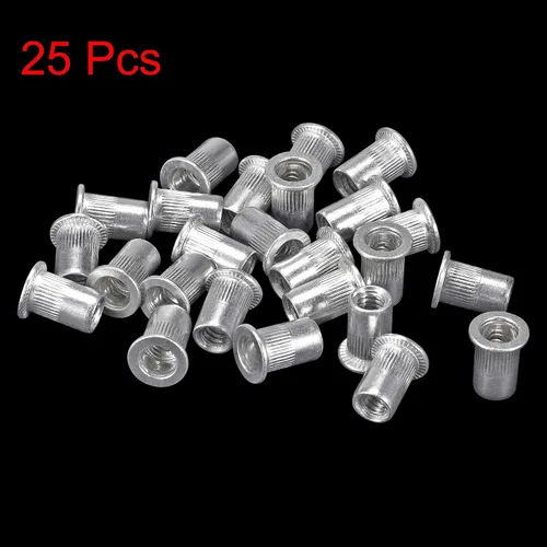 Vista 3 de uxcell 1/4-20 Tuercas de remache de aleación de aluminio moleteado cabeza plana roscada tuerca de inserción plateada 25pcs