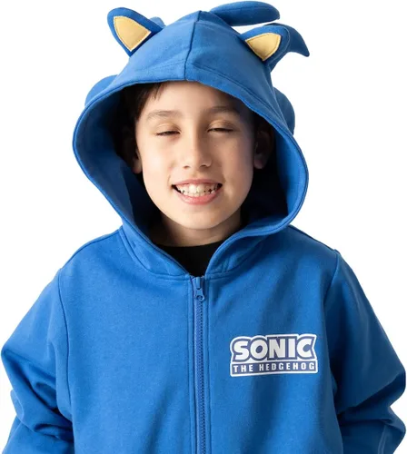 Vista 2 de Bioworld Sonic The Hedgehog Cosplay con orejas de espuma manga larga sudadera azul con capucha para niño