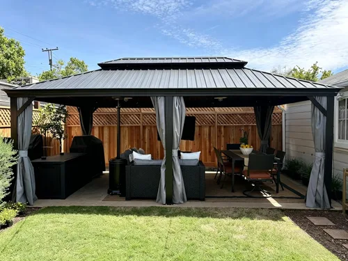 Vista 17 de YITAHOME Cenador de techo duro de 10x10 pies con redes y cortinas, acero galvanizado de doble techo resistente combinado con techo de rayas Gris