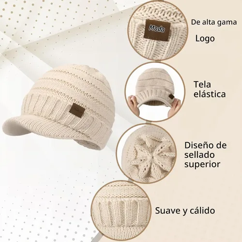 Vista 4 de Sombreros de invierno para mujeres - Gorro de punto cálido y con estilo, grueso, con visera, lindos sombreros de invierno suaves y elásticos