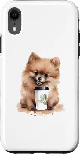 Vista 25 de iPhone 16 Pomerania perro con café estilo acuarela caso