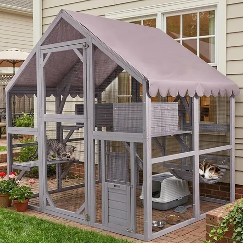 Vista 5 de Gran recinto para gatos Catio al aire libre, resistente a la intemperie, con techo impermeable, múltiples plataformas, hamaca para cueva de gato