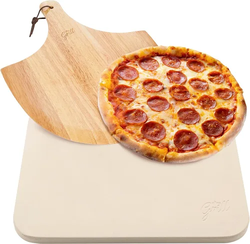 Vista 3 de HANS GRILL Rocker rectangular para pizza y cortador de pizza Piedra de pizza para horno y barbacoa con cáscara de madera gratis de 15 x 12