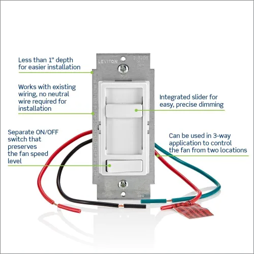 Vista 2 de Leviton SureSlide - Interruptor de pared para ventilador de techo, control silencioso de ventilador de 3 velocidades, 1.5 amperios, 661F-10I, marfil