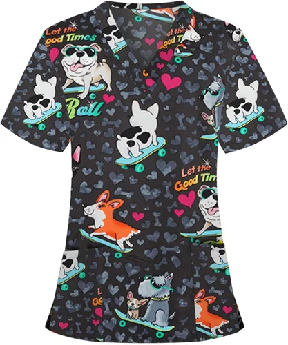 Vista 2 de Camiseta médica estampada de talla grande con estampado de animales para mujer, manga corta, con bolsillos