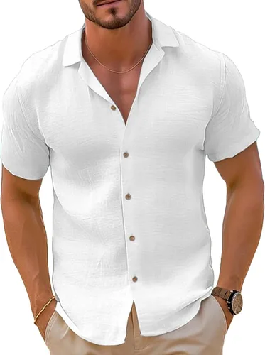 Vista 8 de Camisa de guayabera cubana para hombre, estilo casual, con botones, de manga corta, para verano, playa, hippie, color sólido, tops de trabajo