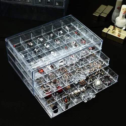 Vista 7 de CLUQMEIK Caja organizadora de aretes acrílico transparente para aretes collares cuentas organizador de puntas de uñas caja de joyería con 72