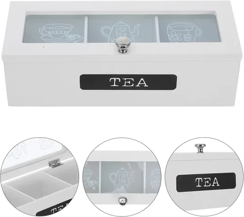 Vista 8 de SEWACC Wooden Tea Bag Organizer Box with 3 Compartments Coffee Shop Storage Chest Tea Packet Holder for Kitchen Countertop Home Use