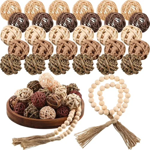 Vista 9 de Halloscume 31 piezas de bolas decorativas de mimbre y ratán con guirnalda de cuentas de madera de 30.3 pulgadas, centros de mesa, cuencos, orbes