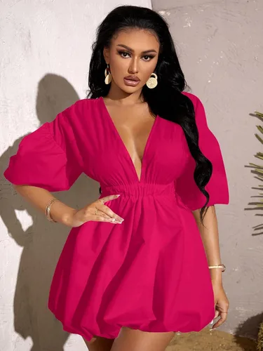Vista 5 de WDIRARA Vestido de cintura elástica con cuello en V profundo y manga abombada para mujer