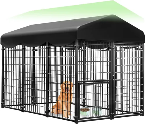 Vista 10 de Perrera para Perros al Aire Libre 4x4.2x4.5 pies, Perrera Exterior para Perros con Techo, Perreras Grandes para Perros con Puerta Giratoria y 2
