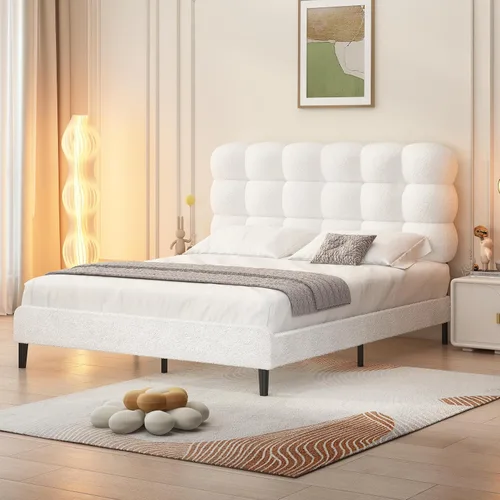 Vista 20 de Base de cama individual BarnFurin con cabecera tapizada, tela suave tipo bouclé, cama plataforma con fuerte soporte de listones de madera, diseño