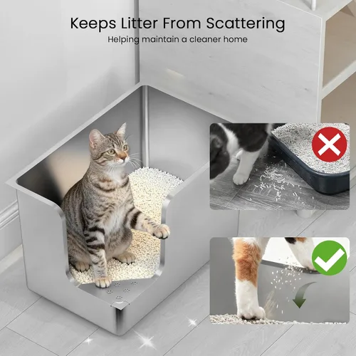 Vista 7 de Caja de arena de acero inoxidable de 11.8 pulgadas de alto, caja de arena de metal XL para gatos, inodoro para mascotas con apertura de esquina