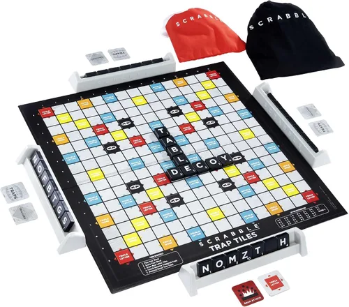 Vista 2 de Mattel Games HLM17 Scrabble Traps Danger (versión alemana), juego de mesa de crucigramas, juego familiar para adultos y niños a partir de 10 años