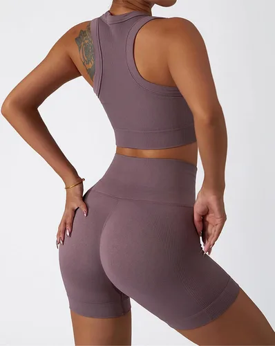 Vista 70 de Conjuntos de entrenamiento para mujer, 2 piezas, sin costuras, acanalada, sin mangas, brasier deportivo, cintura alta, pantalones cortos