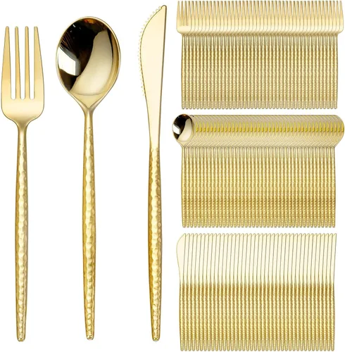 Vista 7 de SUT 150 PIEZAS Juego de Cubiertos de Plástico Dorados, Utensilios Dorados Desechables, Cubiertos de Plástico Resistente, Incluye 50 Cuchillos