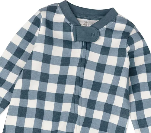 Vista 2 de HonestBaby Pijama de algodón orgánico con pies ajustados para niños, azul marino pintado, 12 meses, Búfalo pintado azul marino