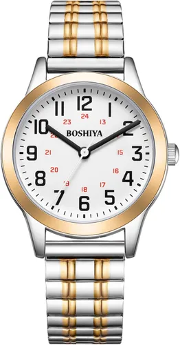 Vista 10 de BOSHIYA Relojes para mujer Easy Reader de 1.181 in de acero inoxidable con banda de expansión plateada dorada para mujer, reloj de pulsera pequeño