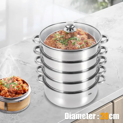 Vista 8 de Cocina de vapor de acero inoxidable de 5 capas, vaporizador de 11 pulgadas para cocinar alimentos, tapa de vidrio, adecuada para tamales, verduras