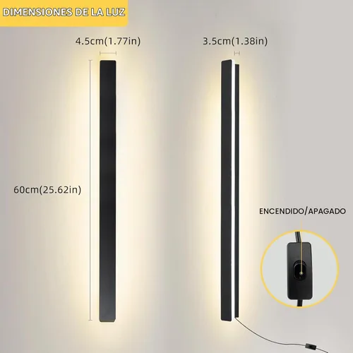 Vista 3 de KELUOLY Apliques de pared modernos enchufables, 23.6 pulgadas, luces LED de pared largas negras esmeriladas, lámpara de pared acrílica de 12 W Negro