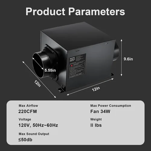 Vista 11 de GROWNEER - Ventilador de escape de baño en línea de 15 cm, ventilador de ventilación de 220 CFM con control remoto, ventilador de techo de 5