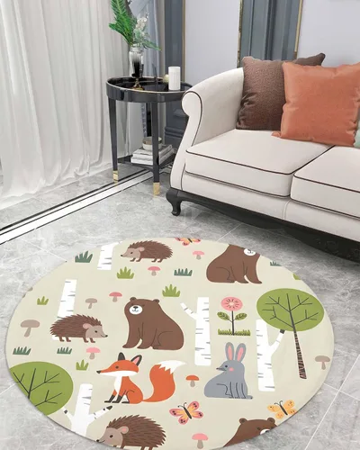 Vista 2 de Alfombra de área de 3 pies para interior, redonda, diseño de dibujos animados, conejo, oso, zorro, bosque, alfombra lanuda para niños, habitación