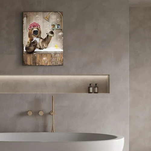 Vista 3 de Bonito oso para decoración de baño, arte de pared divertido con estampado de oso de casa de campo, pintura decorativa de pared enmarcada moderna