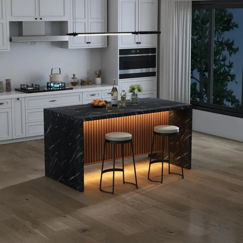 Vista 8 de Mesa de comedor grande de imitación de mármol de 63" para 4-6 personas (patente pendiente), mesa de isla con luces LED, mesa de comedor de cocina