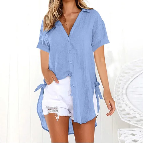 Vista 4 de Camiseta de verano para mujer, holgada, con botones, larga, de algodón, para entrenamiento, casual, para mujer
