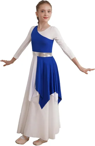 Vista 4 de YOOJOO Túnica de baile de alabanza asimétrica para niñas, vestido de baile lírico litúrgico de alabanza de bloque