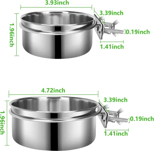 Vista 2 de 2 cuencos pequeños para comida y agua para perros con soporte de abrazadera mejorado, cuencos colgantes de acero inoxidable detectables para perros