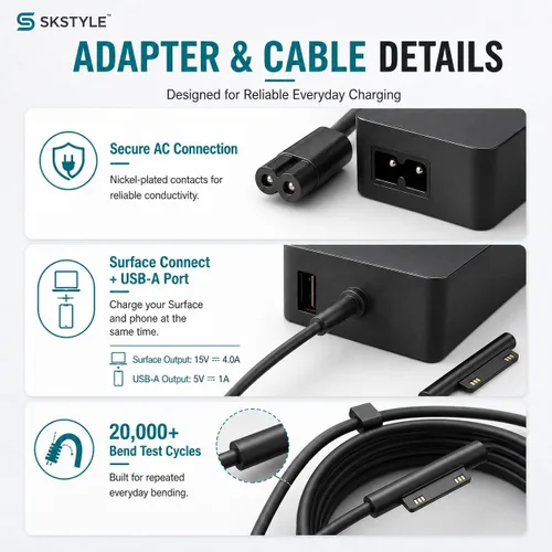 Vista 16 de Cargador Surface Pro de 65 W compatible con Microsoft Surface Pro 11/10/9/8/7+/7/6/5/4/3/X, Surface Laptop 7/6/5/4/3/2/1, Surface Go 4/3/2/1