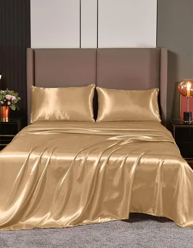 Vista 5 de Juego de sábanas de satén de seda de 4 piezas Sábana bajera Sábana encimera Funda de almohada Calidad de hotel sedoso suave y lujoso