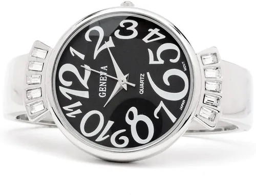 Vista 3 de Plata vidrio Negro banda grande cara mujer pulsera reloj