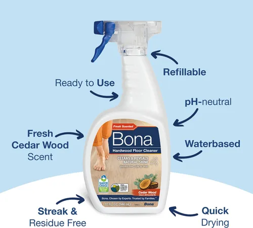Vista 4 de Bona Spray Limpiador para Pisos de Madera Dura - 32 fl oz - Aroma a Madera de Cedro - Recargable - Solución de Limpieza Sin Residuos para Pisos