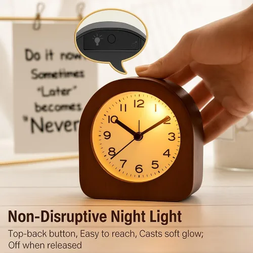 Vista 3 de Reloj despertador analógico vintage de madera maciza, funciona con pilas, con luz nocturna no interrumpida, reloj despertador sin tictac con botón
